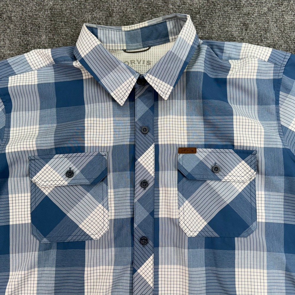 Orvis Shirt Mens Extra Large Blue White Plaid Button Up Short Sleeve Fishing - Picture 6 of 11